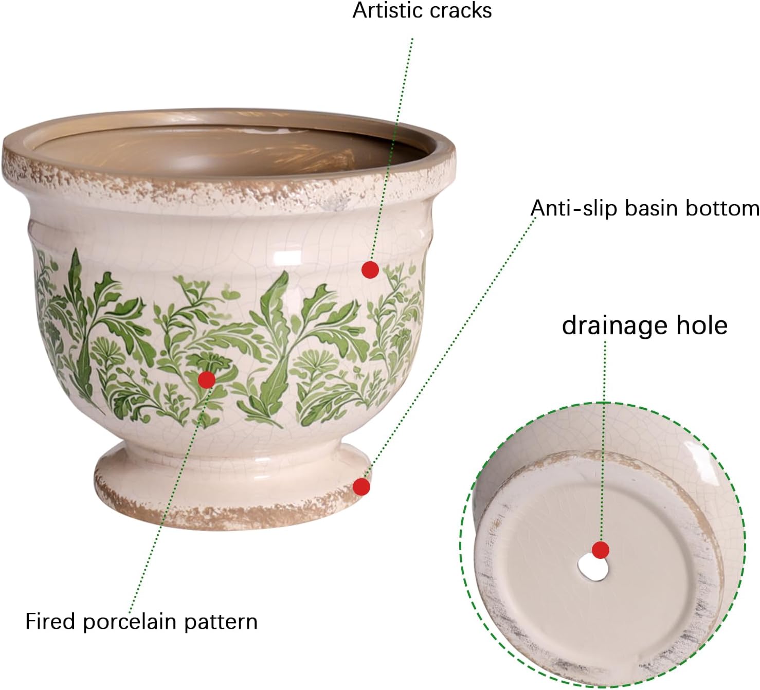 Vintage Ceramic Planter Pot with Drainage, 6.8 Inch Large Crackle Glaze Flower Pot with Green Floral Leaf Pattern for