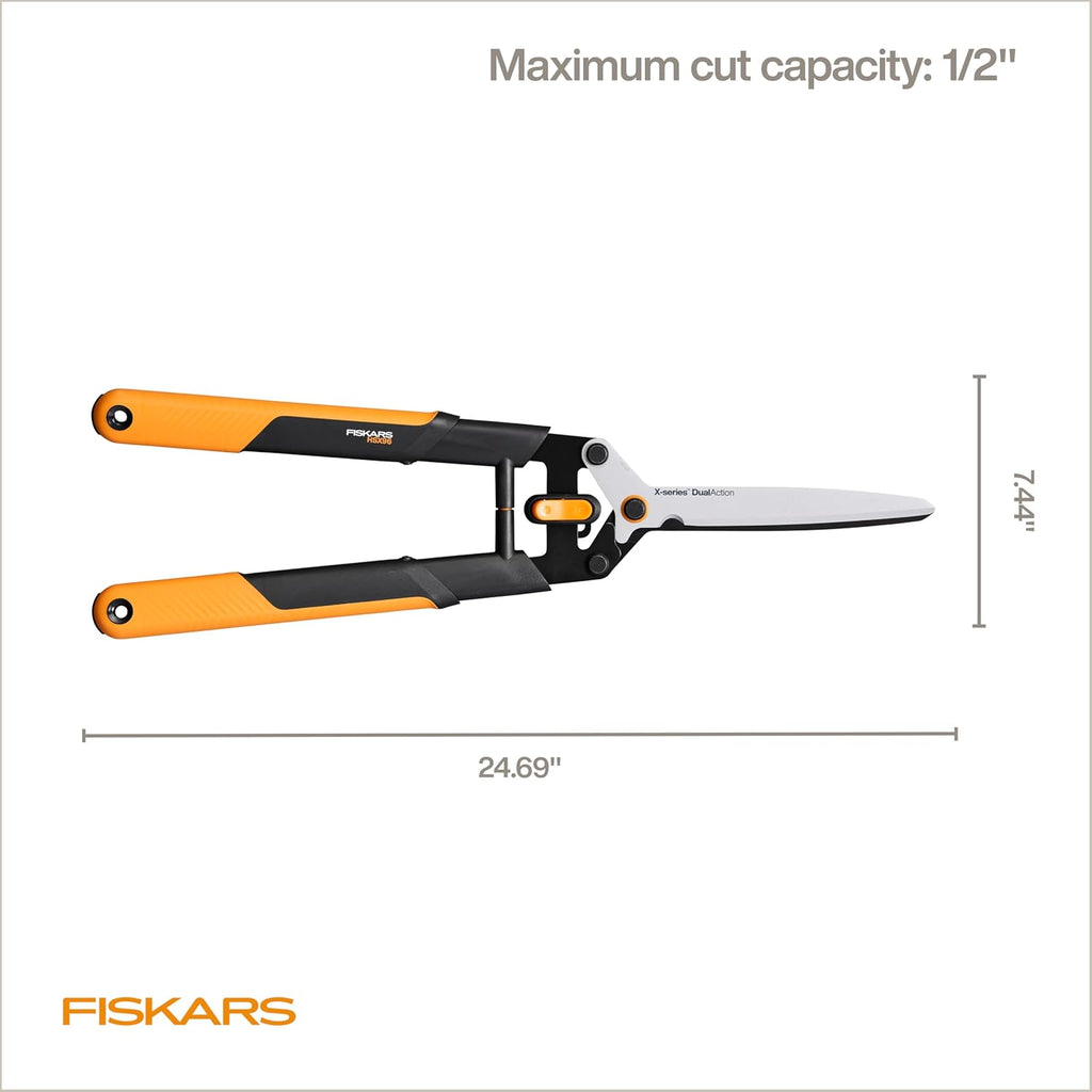Fiskars 25" DualAction Hedge Shears, 2-in-1 Fast or Powerful Trimming | Cuts Through Thin & Thick Branches of Hedges &