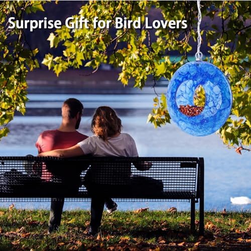 Yinns Glass Bird Feeder, Hanging Solar Birdfeeder for Garden Decor, Blue