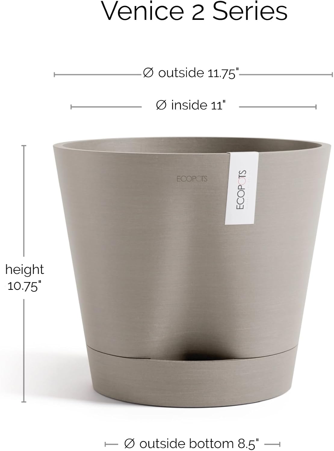 Ecopots Venice 2 Round Flower Planter with Water Reservoir, Taupe, 12" | Self-Watering, Modern Style, Durable
