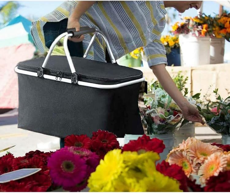 Foldable Insulated Picnic Basket 30L 31.7 QT Large Capacity Cooler Tote with Double Handles Thermal Shopping Basket for