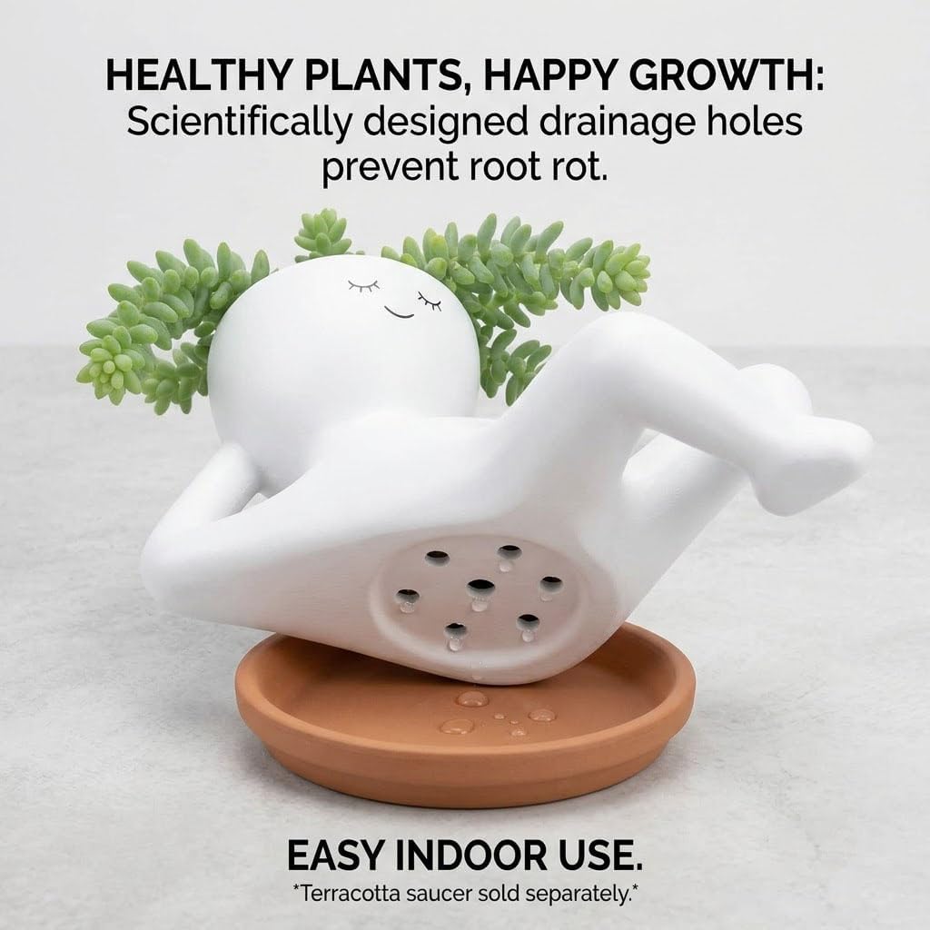 Funny Lazy Guy Plant Pot Goofy Garden Planter with Drainage Hole（yellow） | Cute Resin Face Planter for Succulents and