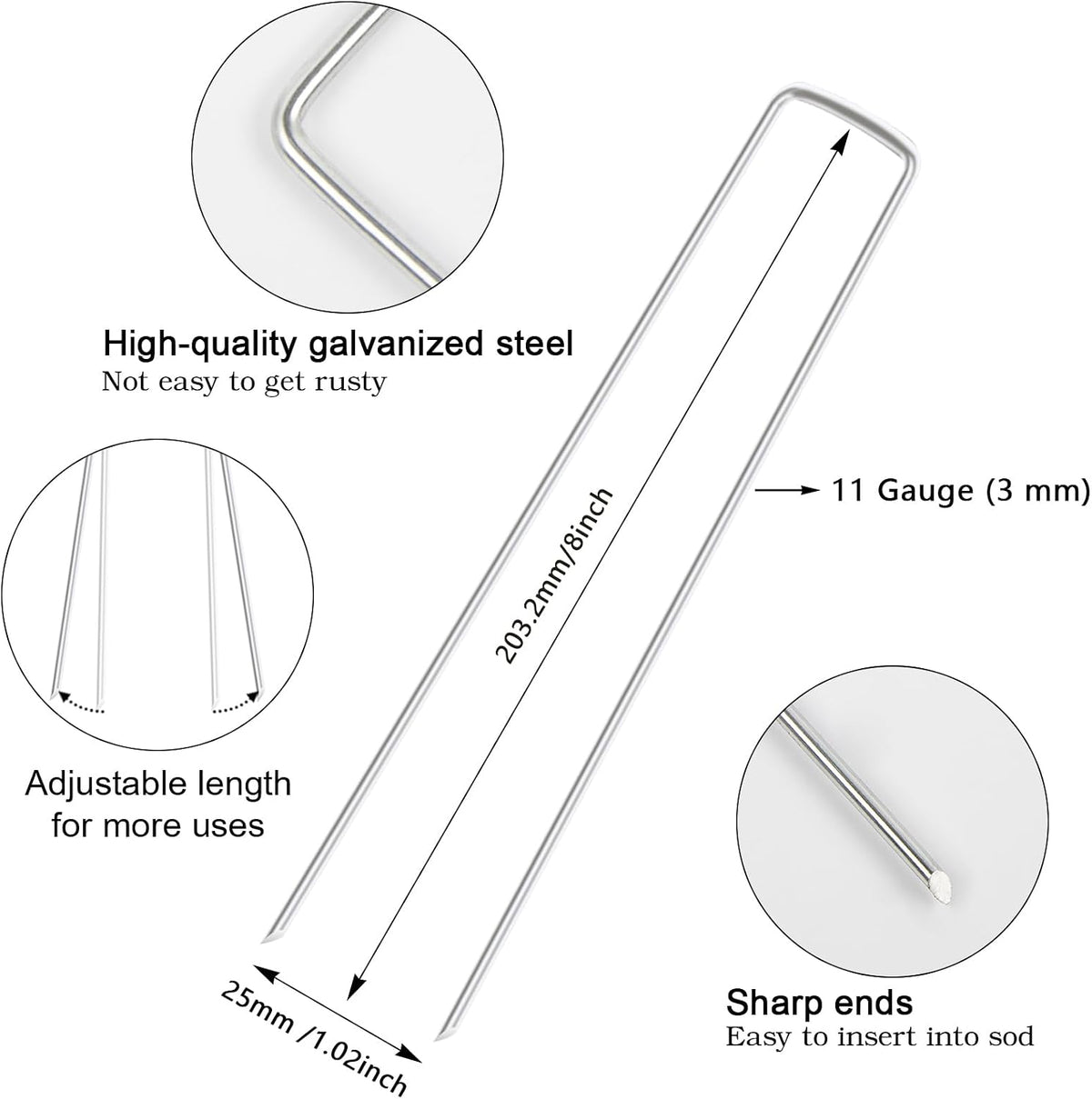 8 Inch 100 Pack Galvanized Landscape Staples 11 Gauge Anti-Rust Garden Stakes Landscaping Fabric SOD Pins Yard Stakes