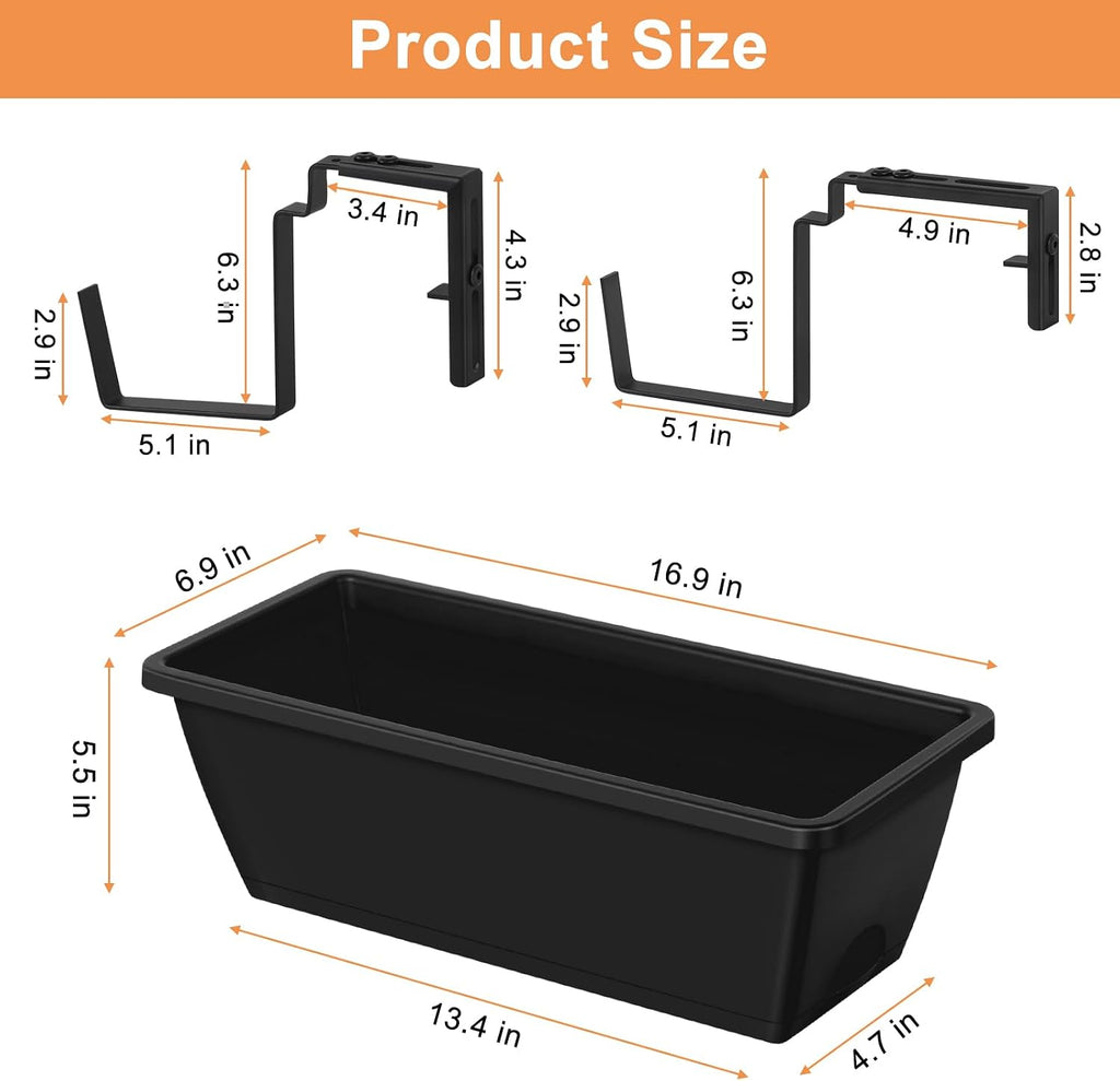ETELI Railing Planter Hanging Planter Box with Brackets Set 6, Black | Adjustable with Drainage Holes for Deck Garden