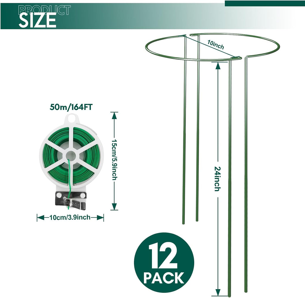 12 Pack 24 inch Plant Support Stakes, Half-Round Metal Garden Flower Stakes, Large Peony Support Ring and Cage for
