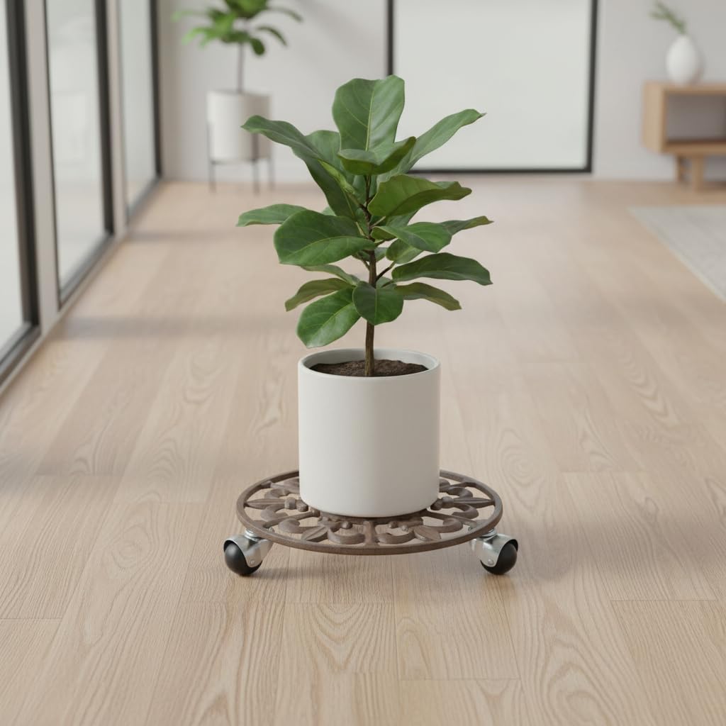 Comfy Hour 11" Heavy Duty Cast Iron Rolling Plant Stand, Large Plant Caddy with Wheels, Industrial Strength Metal