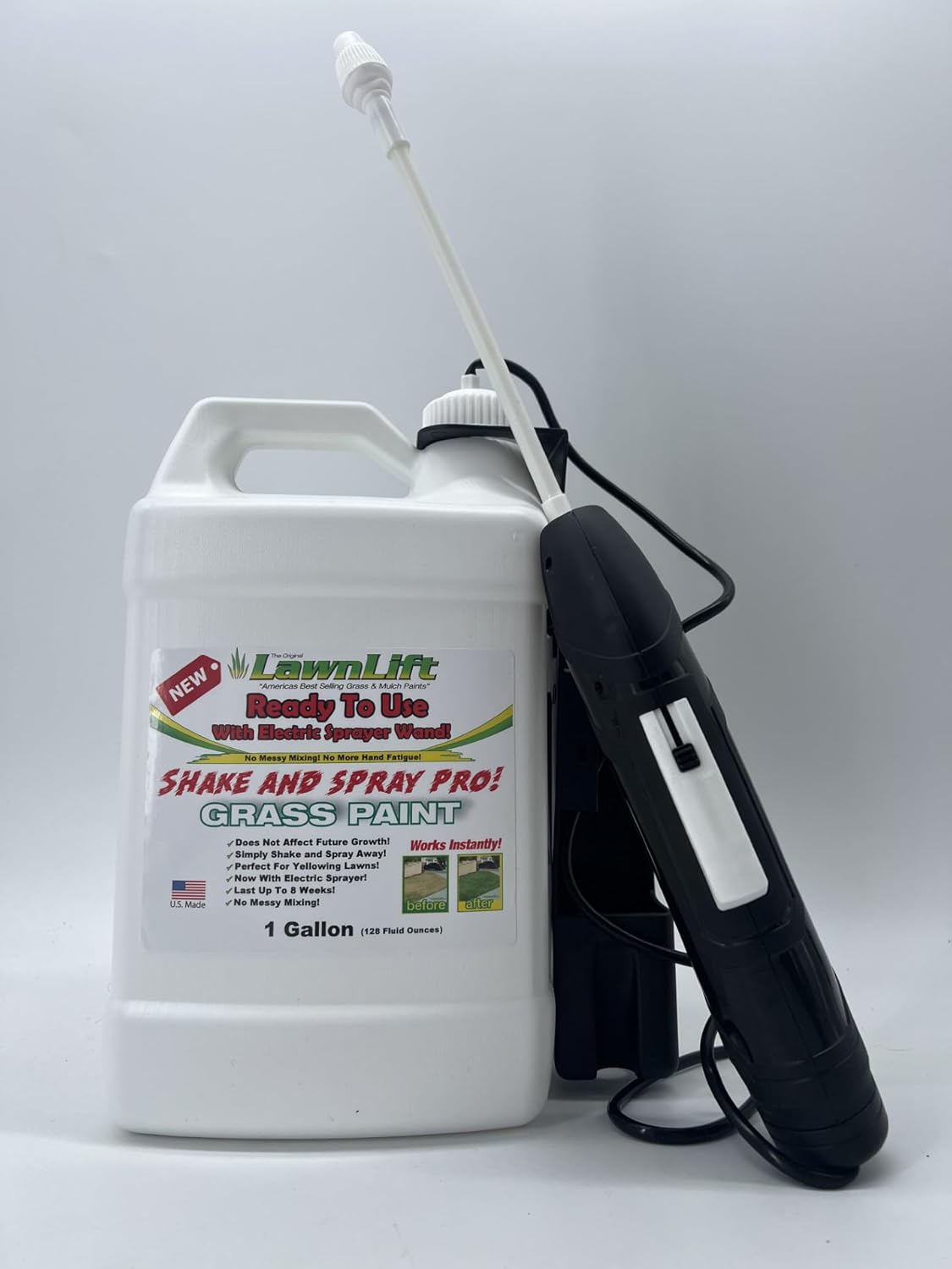 1-gallon ready to use grass paint, shake and spray pro with electric sprayer wand. No more messy mixing. Instantly