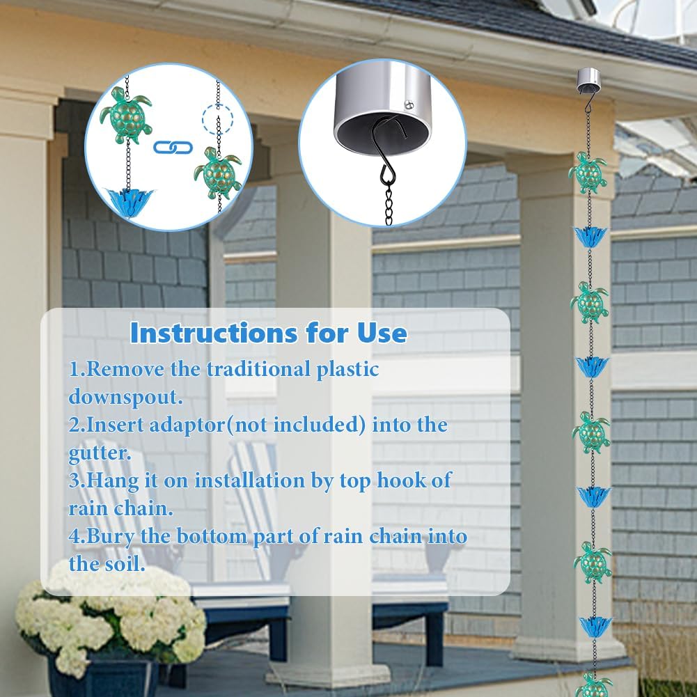 10ft Rain Chain with 16 Cups for Outside Gutters, Eaves, Drainage | Turtle & Lotus Shape, Metal Rain Chain, Adjustable