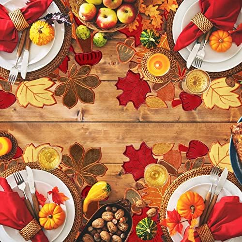 Fall Placemats Set of 6 Thanksgiving Embroidered Maple Table Mat, 11x17 in