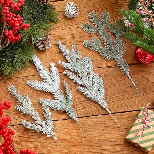 Yunlly 80 Pcs Frosted Pine Picks Artificial Christmas Wreath Stems,Simple