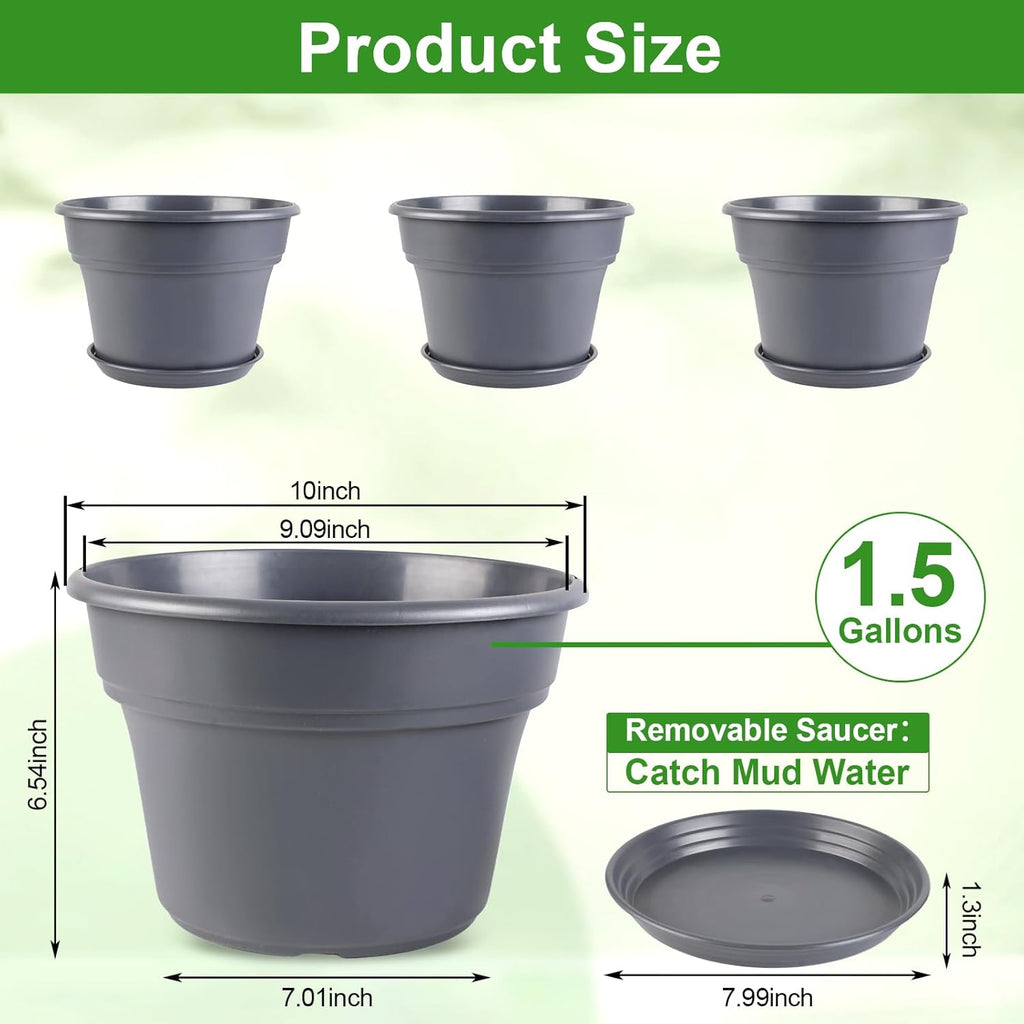Myfeegoin 10-inch-Plant-Pots-Indoor-Outdoor, 4 Pack Plastic Planters with Drainage Holes & Saucers, Resin Flower Pots