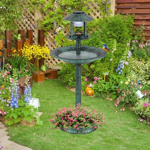 LDAILY Outdoor Bird Bath, 42’’ Solar Lighted Pedestal Birdbaths with Birds Feeder ,20’’ Water Bowl, Flower Planters and 3 Stakes, Attract Birds Antique Bird Bath for Outside Garden, Yard (Green, 42‘’)