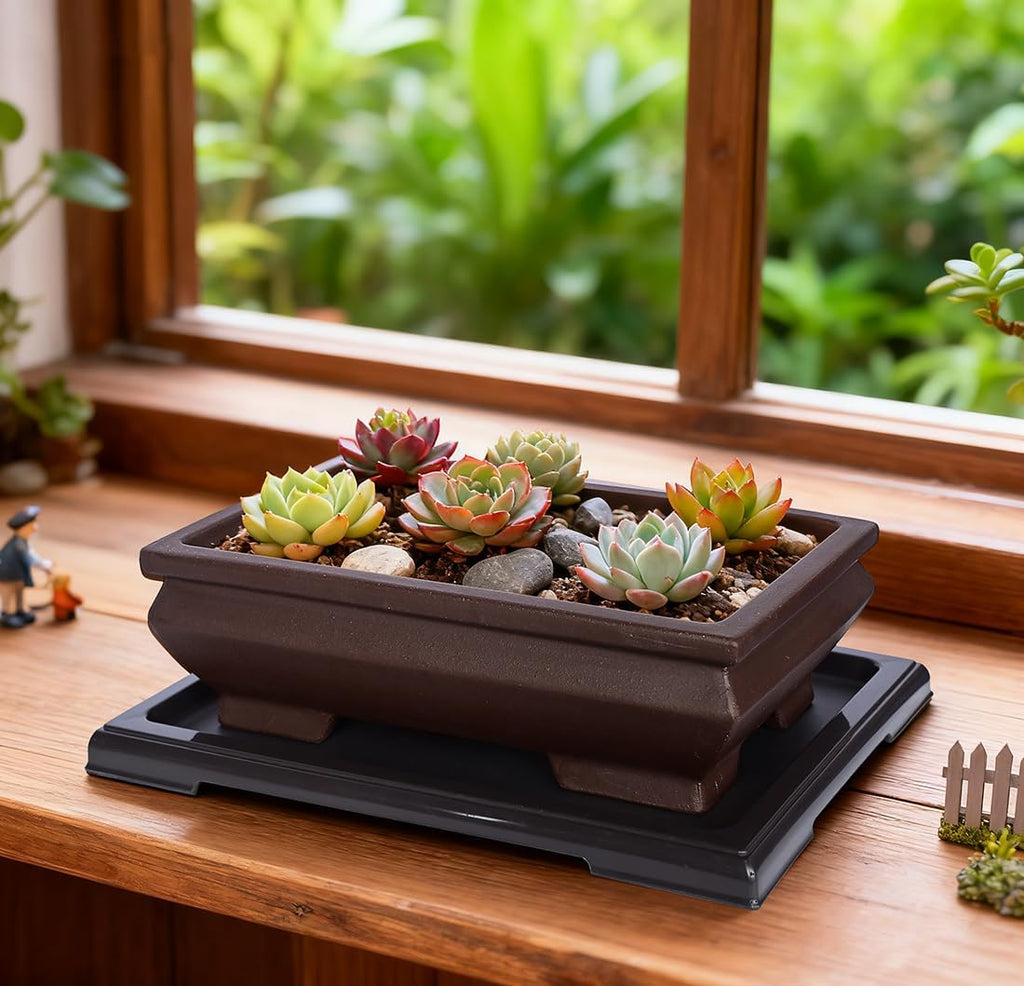 MUZHI Unglazed Ceramic Bonsai Pot with Drainage Tray, Rectangle Vintage Brown Bonsai Planter with 4 Raised Feet for