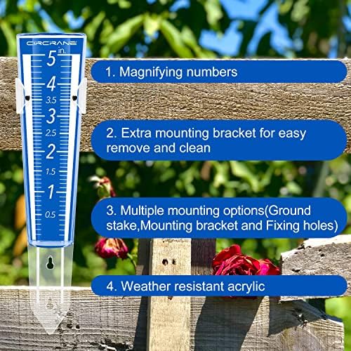 Circrane 5-Inch Capacity Outdoor Rain Gauge with Additional Hang Bracket& Stainless Steel Screws, Magnifying Scale and Numbers Design for Easy Read (Blue)