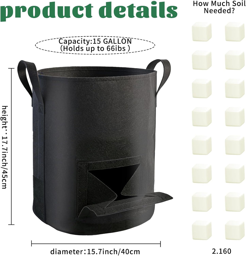 Potato Grow Bags 15 Gallon with Harvest & Visible Window (4, Black, 15 Gallon)