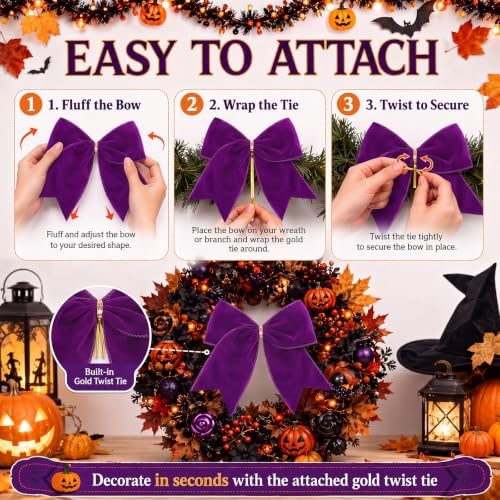 Janinka 12 Pcs 6 Inch Halloween Velvet Bows Ornament Black Purple Orange