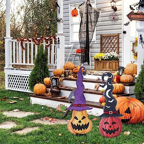 YEAHOME Halloween Decorations Outdoor, Set of 2 Pumpkin Garden Stakes with Witch Hats for Halloween Decor, Jack o' Lantern Metal Pumpkin Yard Signs for Outside Garden Lawn Patio Party Decorations