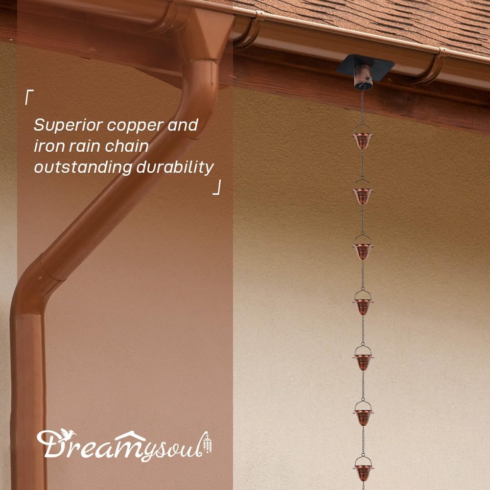 dreamysoul Copper Rain Chains for Outside, 10.43FT with 12 Cups Rain Catcher Chains for Downspout Gutters, Eaves