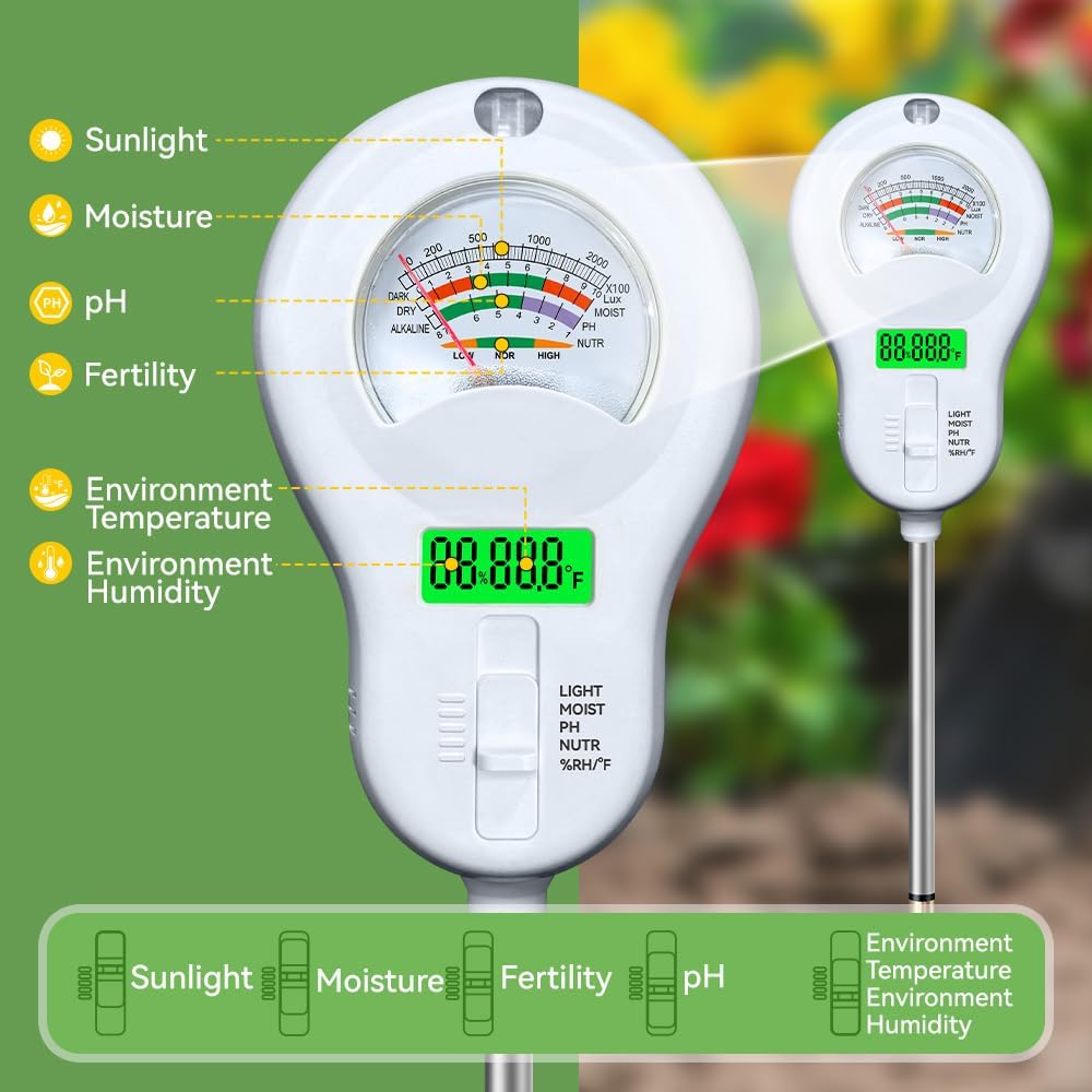 Soil Tester 6-in-1 Soil Moisture Meter Sunlight/Moisture/Fertility/PH/Environment Temperature/Environment