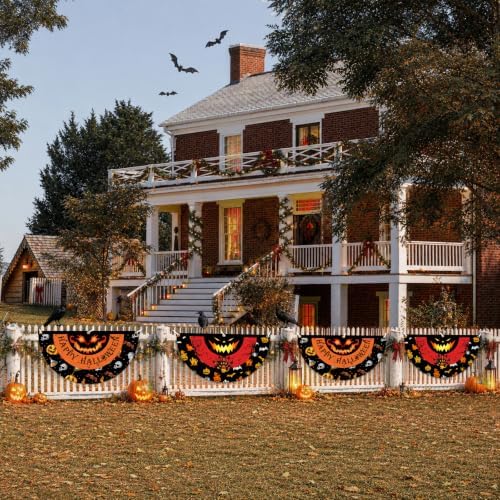 4 Pcs Happy Halloween Fan Flag Banner, Monster Eyes Yard Fence Wall Hanging Bunting Flag - Indoor/Outdoor Decoration, 1.5x3 Ft