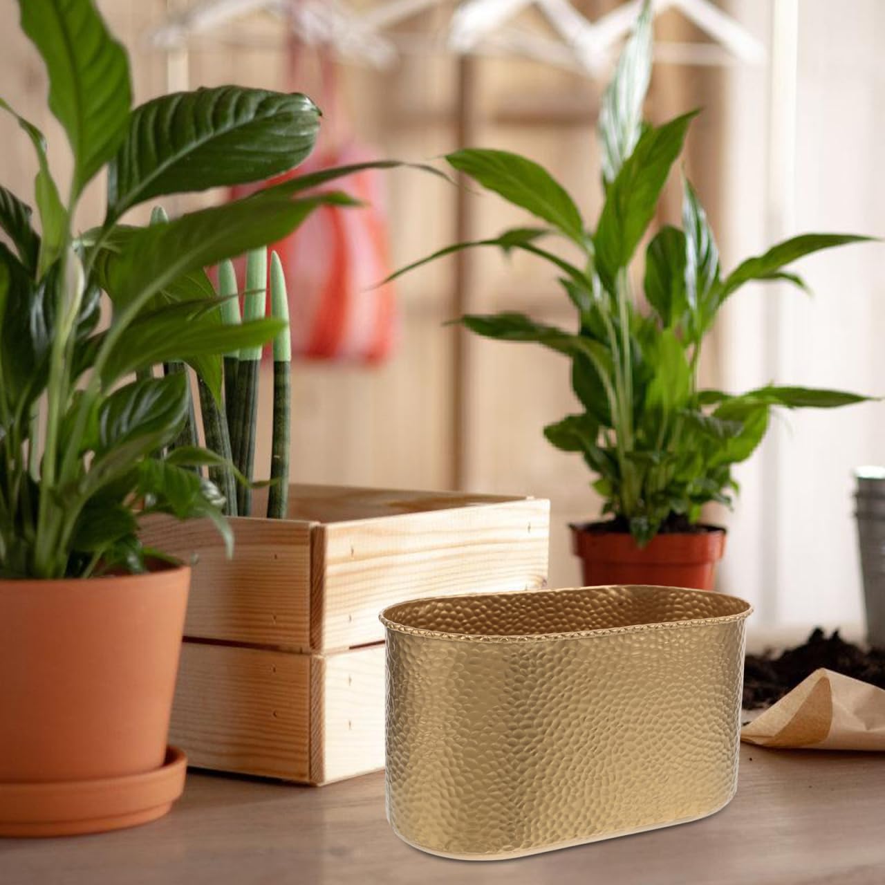 Cabilock Large Metal Wide-Mouth Flower Pot with Hammered Texture Decorative Iron Planter for Orchids and Indoor Plants