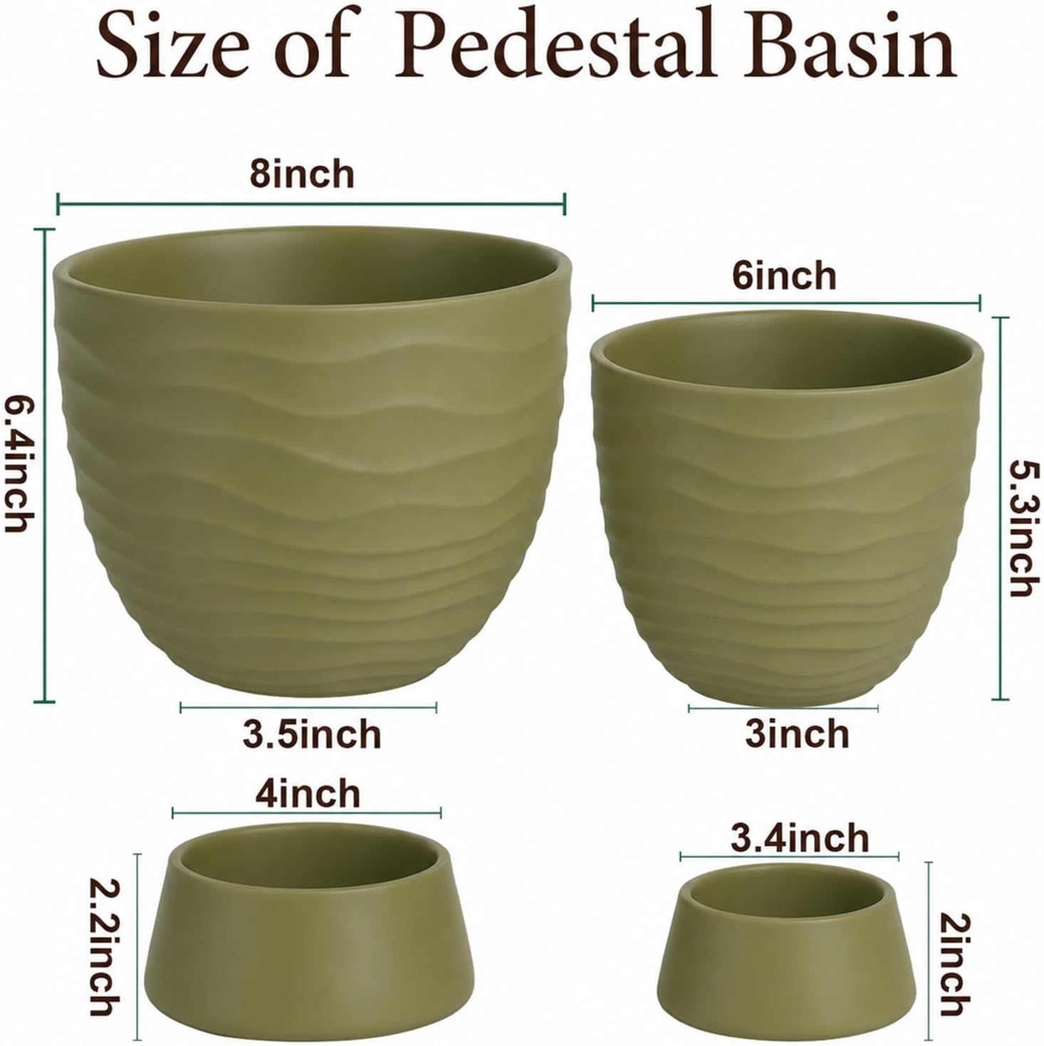 Green Terracotta Self Watering Plant Pots, 6 and 8 Inch with Saucers | Small and large clay flower pots with drainage