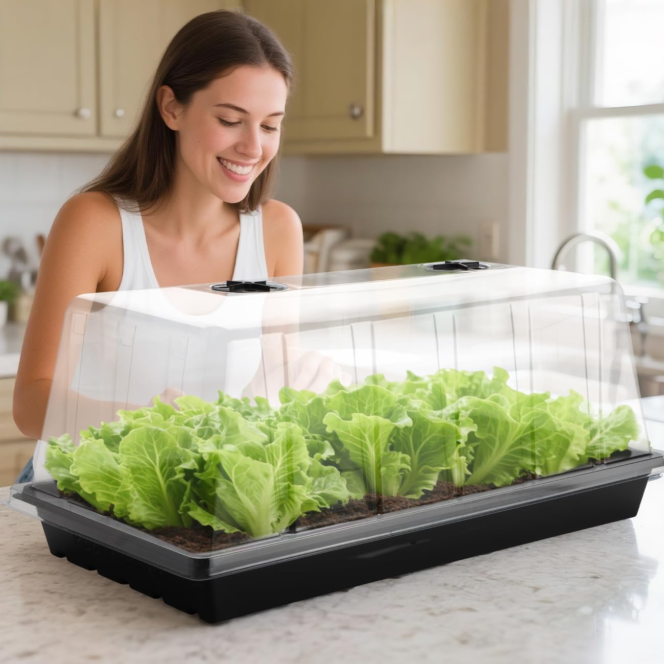 1020 Seed Starting Trays with Tall 7.3" Humidity Dome, No Hole, 10-Pack | Heavy Duty Plant Tray with High Lid for