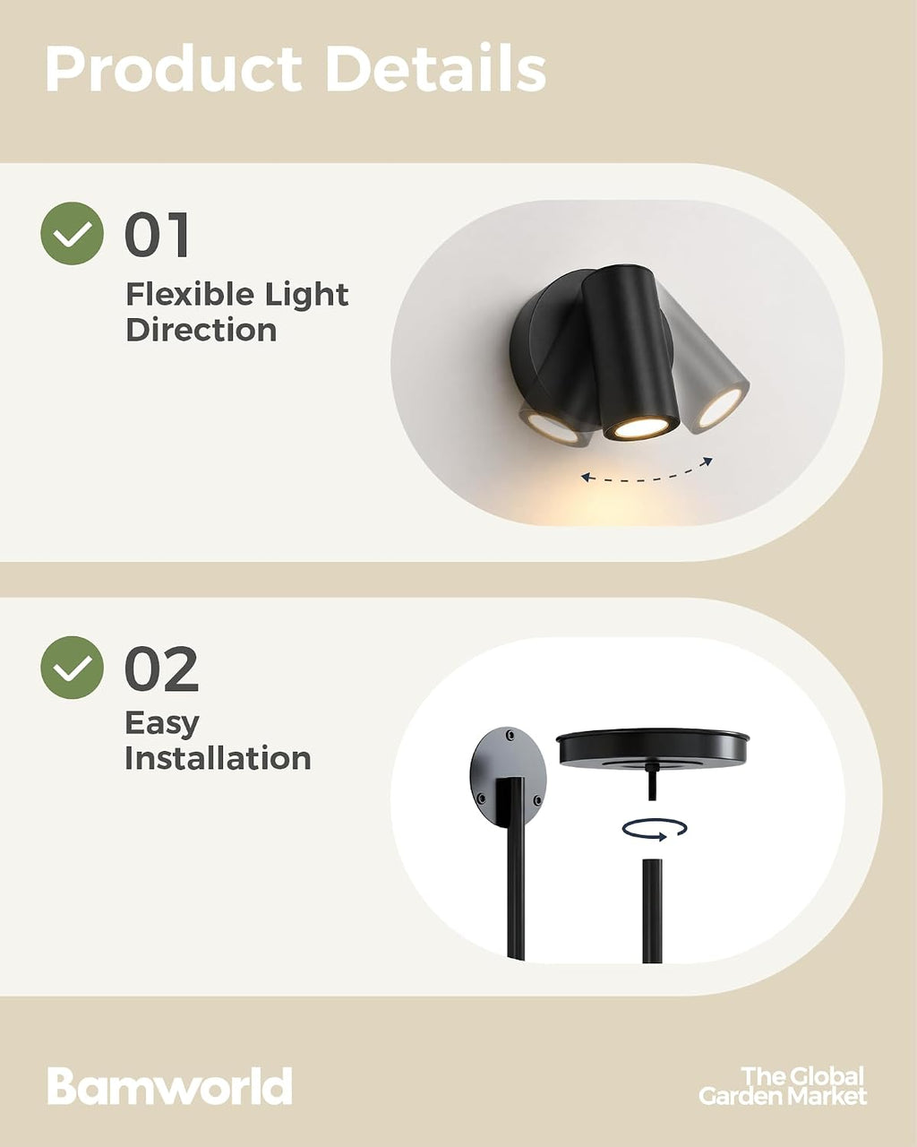 Bamworld Wall Plant Holder with Lights, Black, 3pcs | Thickened Metal, Heavy-duty, Rust Resistant, Remote Control