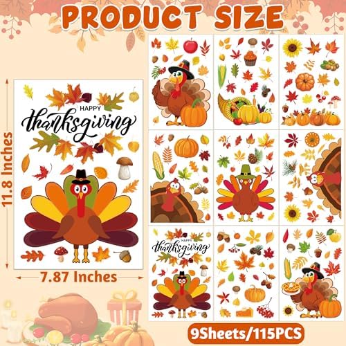9 Sheets Thanksgiving Window Clings, 116PCS Thanksgiving Decorations Window Stickers, Turkey Decal Stickers with Cute Cones Nuts Maple Leaves Patterns for Fall Harvest Decorations Decor Accessories