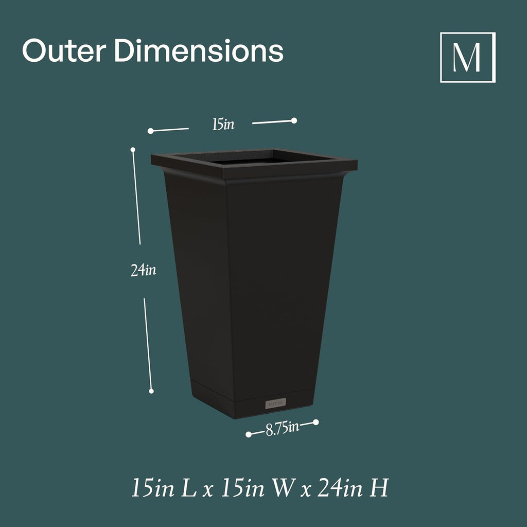 Mayne Renew 24in Modern Tall Square Planter, Black, 2-Pack | All season, Lightweight, Fade resistant, Planting shelf