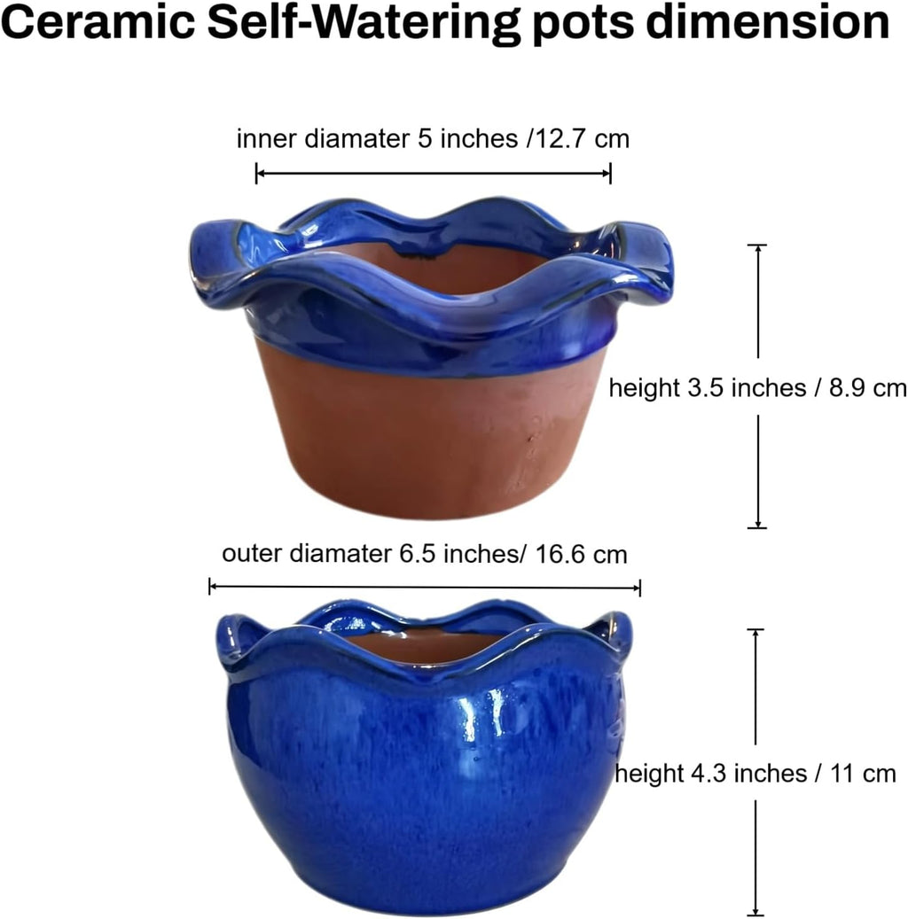 Ceramic Self-Watering African Violet Pots for Indoor Plants | 6.5 inch, Falling Blue, reactive glaze, self-watering