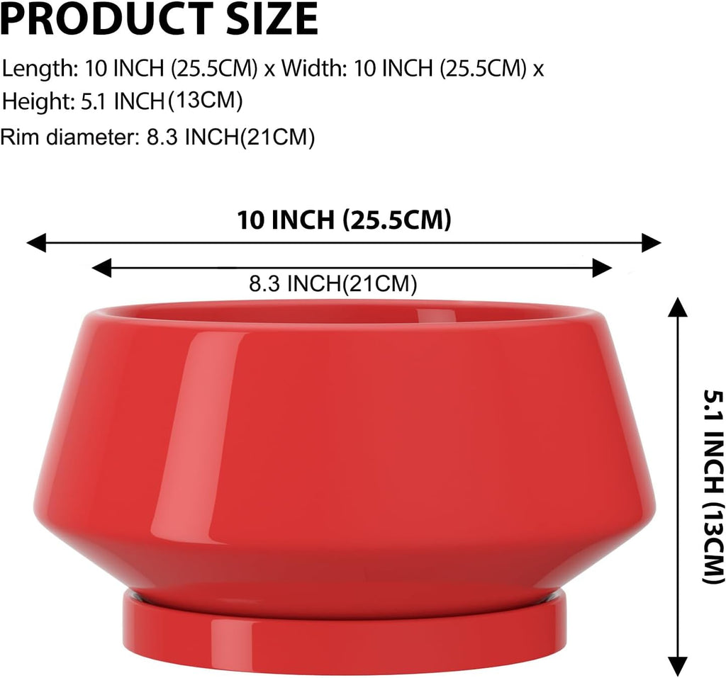 10 Inch Red Ceramic Planter with Drainage Hole and Saucer | Ideal for Indoor and Outdoor Plants, Modern Home Decor