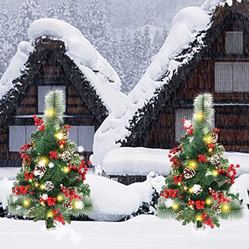 Lulu Home 2 Pack 2 Ft Pre-Lit Pathway Christmas Trees with Stake, Battery Operated 60 LED Lighted Small Christmas Trees Yard Stake Outdoor Decoration with Red Berries, Red Balls, Pine Cones