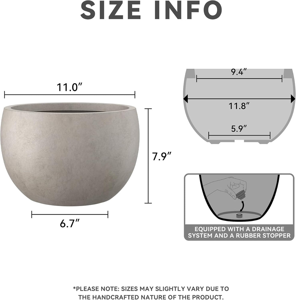 Kante Small Round Bowl Weathered Concrete Planter 11.8" Dia, Outdoor | Rubber Plug for Indoor, Drainage for Garden