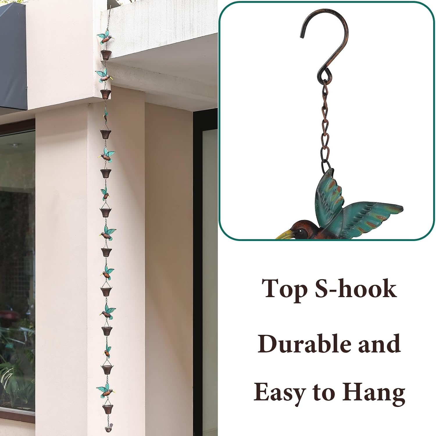 8.5FT Rain Chain, Hummingbird and Cup Rain Chains for Gutters and Downspouts | Metal Decorative Rainwater Catcher