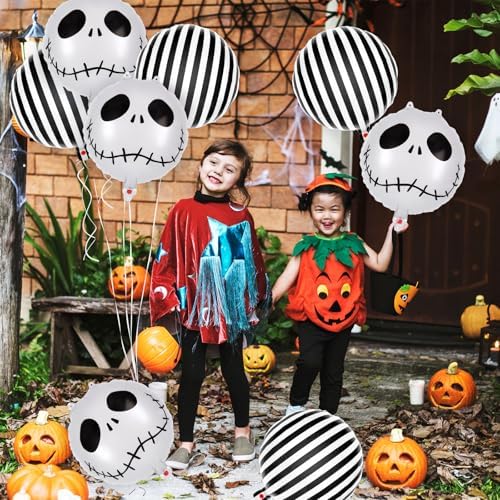 12 Pcs Black and White Striped Balloons, Skeletons Skull Foil Balloons, Halloween Party Decorations, Halloween Balloon for Hallow Birthday Baby Shower Masquerade Themed Party Decorations