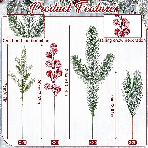 Lyrow 80 Pcs Christmas Picks Sprays, Snowy Berry Pine Branches,Red