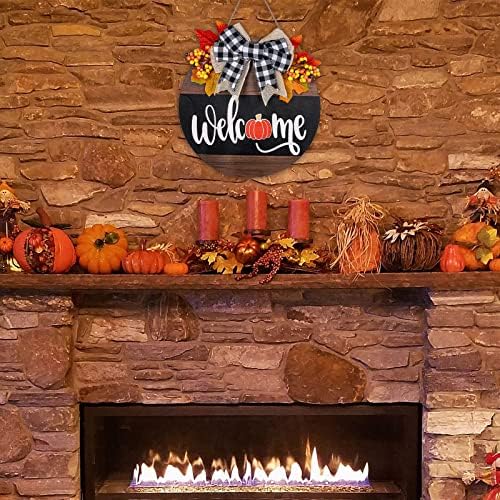 Whaline Fall Thanksgiving Welcome Sign Farmhouse Wooden Hanging Sign with Bow Artificial Berries Rustic Wood Door Hanger for Autumn Harvest Holiday Home Office Window Decoration
