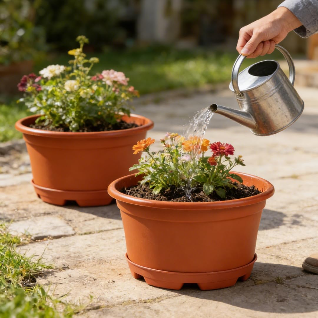 KPUVX 5 Pack 10.5 inch Plant Pots, Plastic Flower Pot | Indoor Outdoor, Drainage Holes & Trays, Decorative Garden