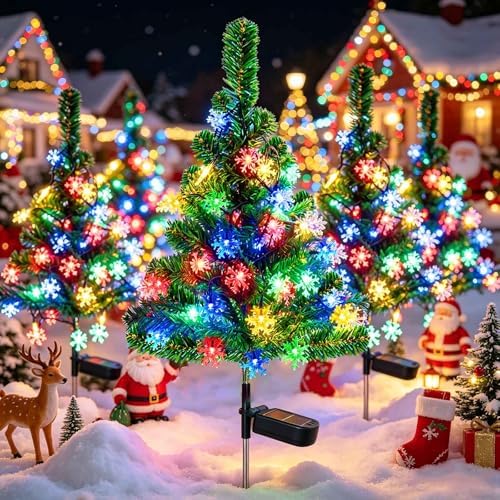 Windpnn 2-Pack 2.6FT Solar Christmas Tree Outdoor Christmas Decorations for Outsdie Garden, Patio, Yard, Pathway, Cemetery Decor (with 40 Snowflake Lights, Waterproof)