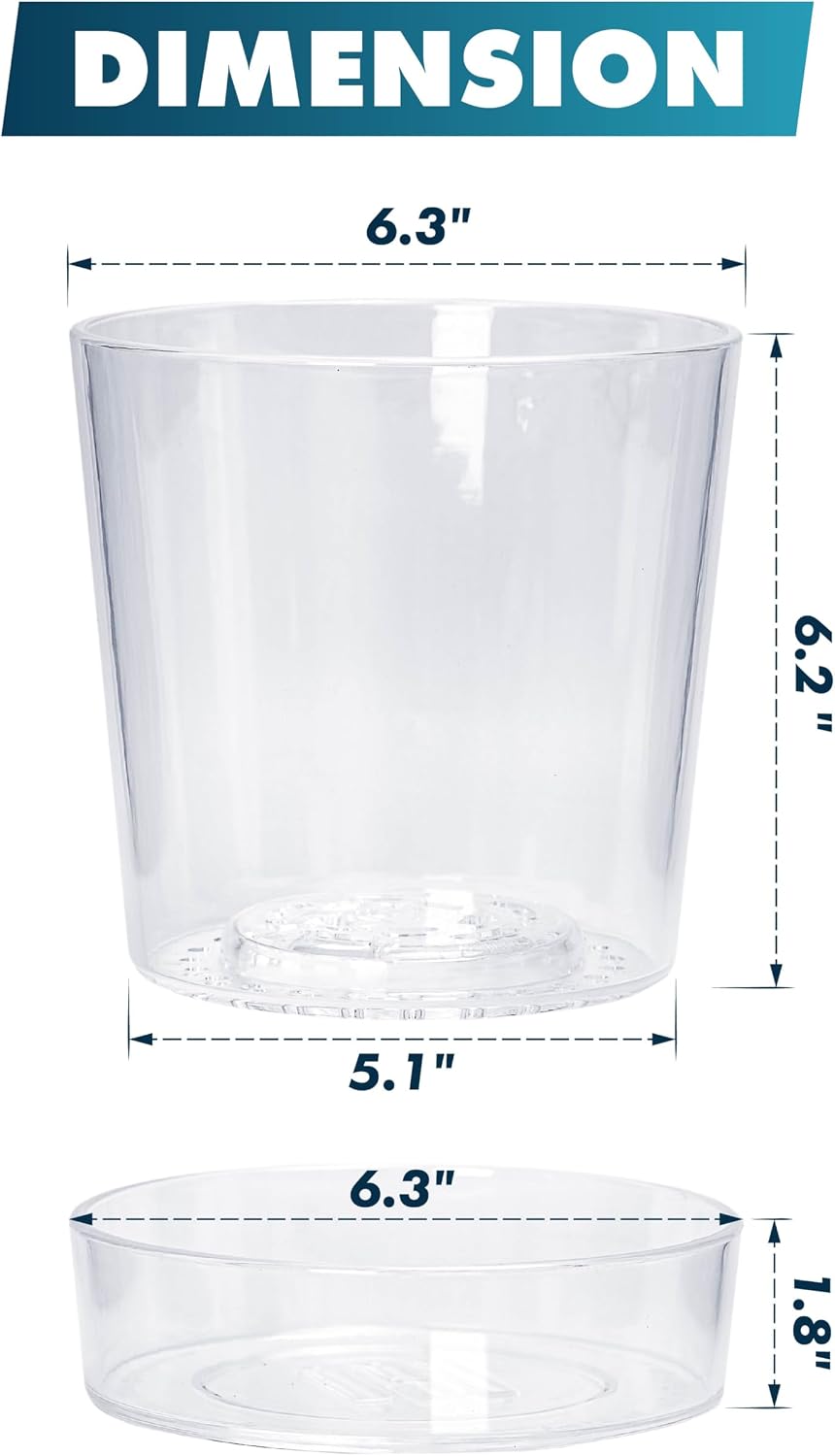 Phoenix Vine 6.5 Inch Clear Acrylic Planter Pot with Tray, Orchid Pot with Drainage Holes, Deep Saucer for Bottom