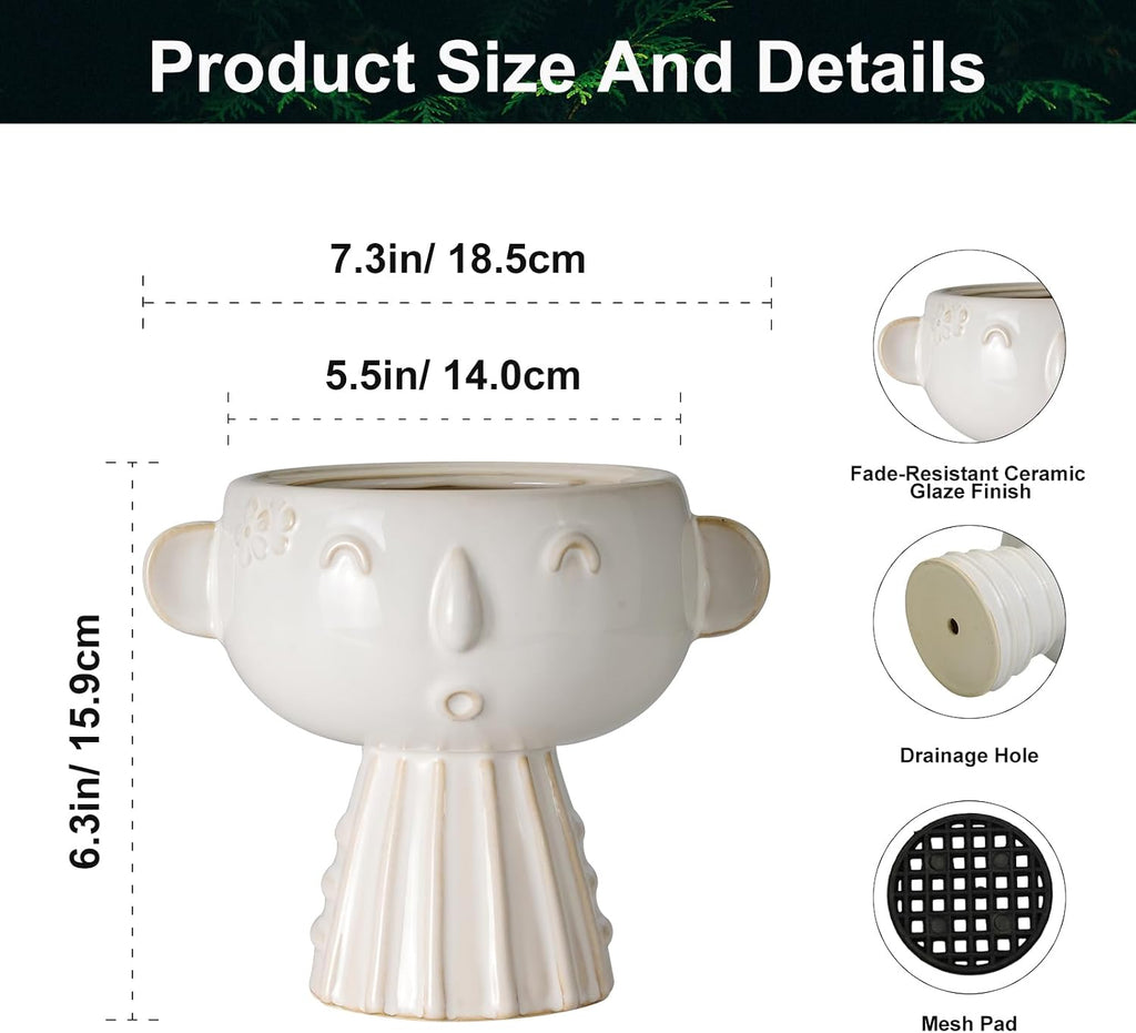 Face Planter Pot 7 Inch - Cute Ceramic Flower Head Planter for Indoor Outdoor Succulent Pot with Drainage Hole Flower