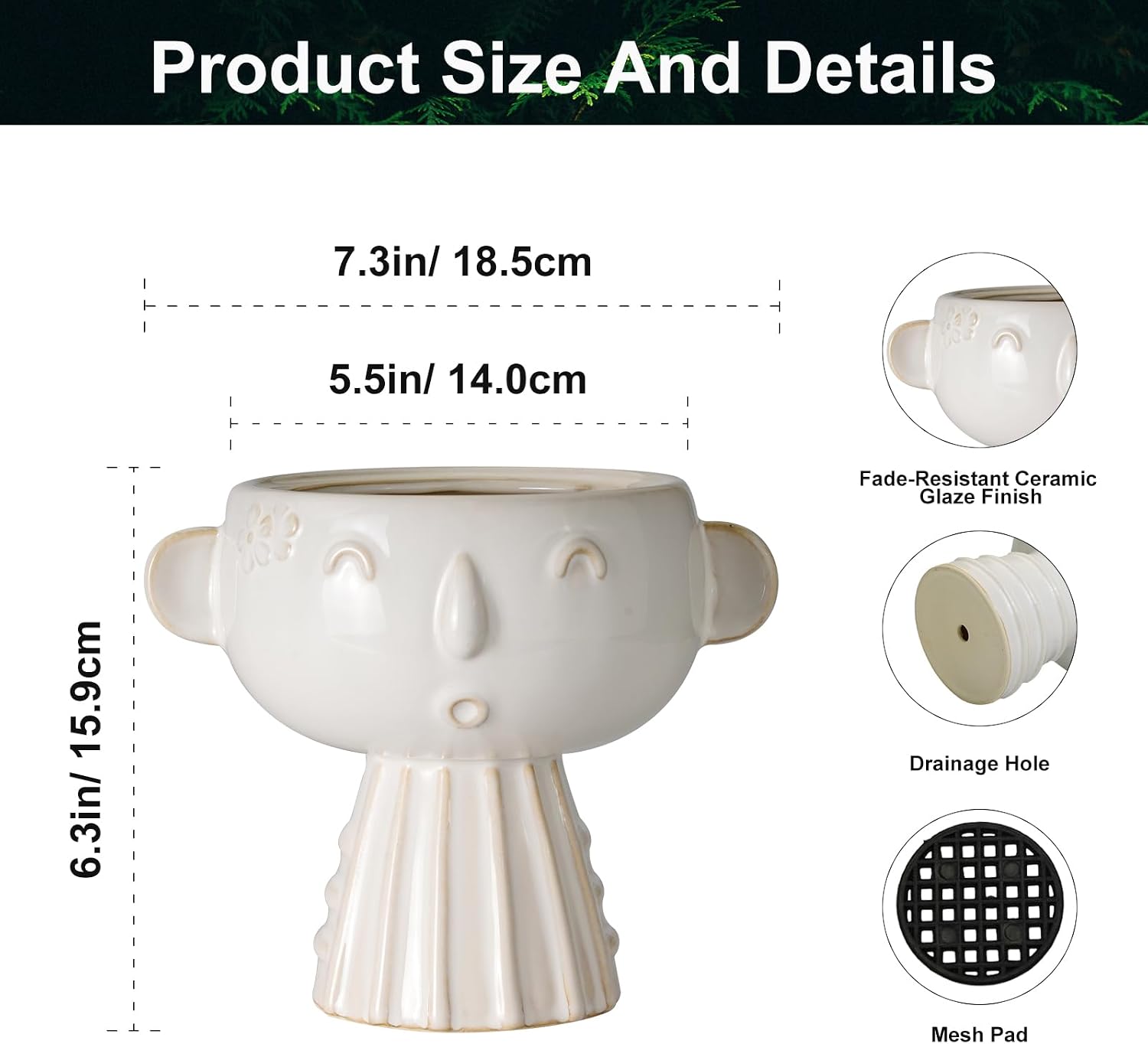 Face Planter Pot 7 Inch - Cute Ceramic Flower Head Planter for Indoor Outdoor Succulent Pot with Drainage Hole Flower