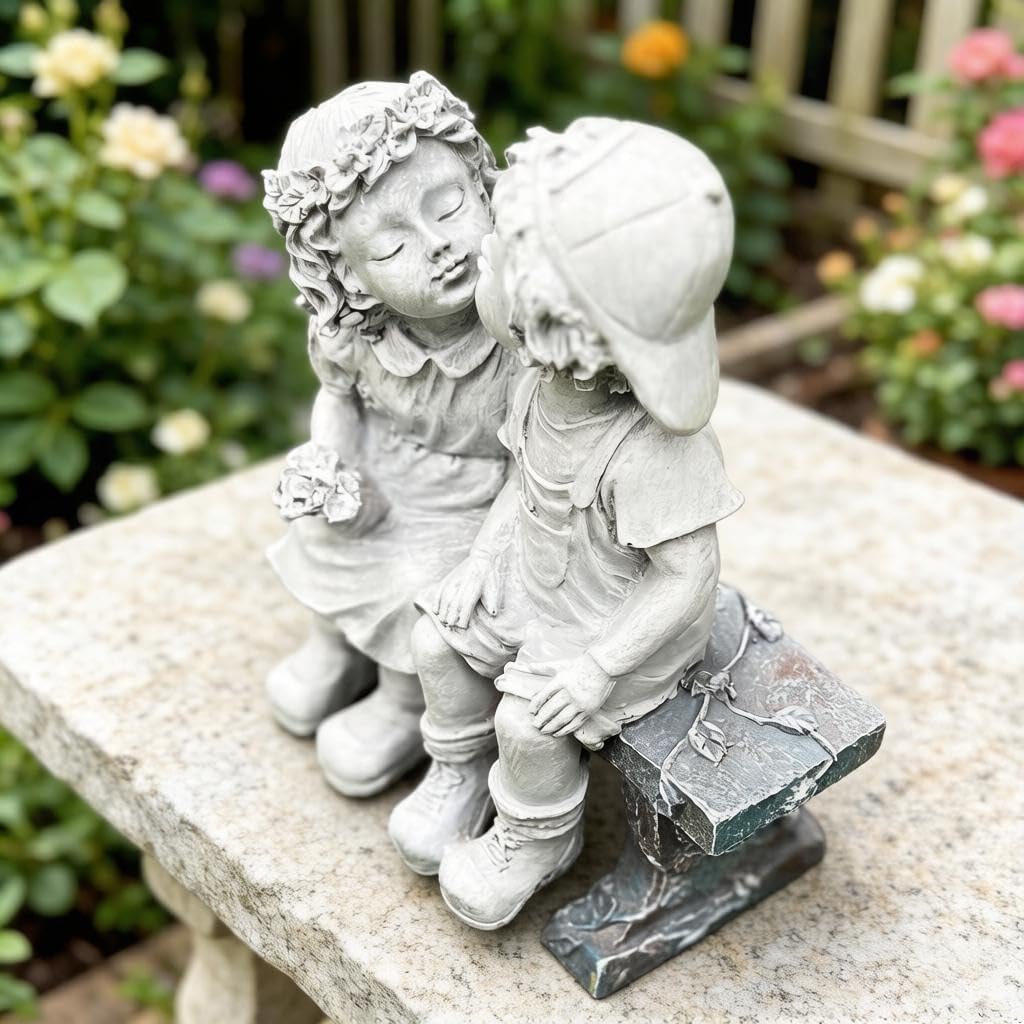 Garden First Kiss Outdoor Statue Decorative, Flower Bed Decor Puppy Love Kissing Couple,Boy and Girl Kissing Garden
