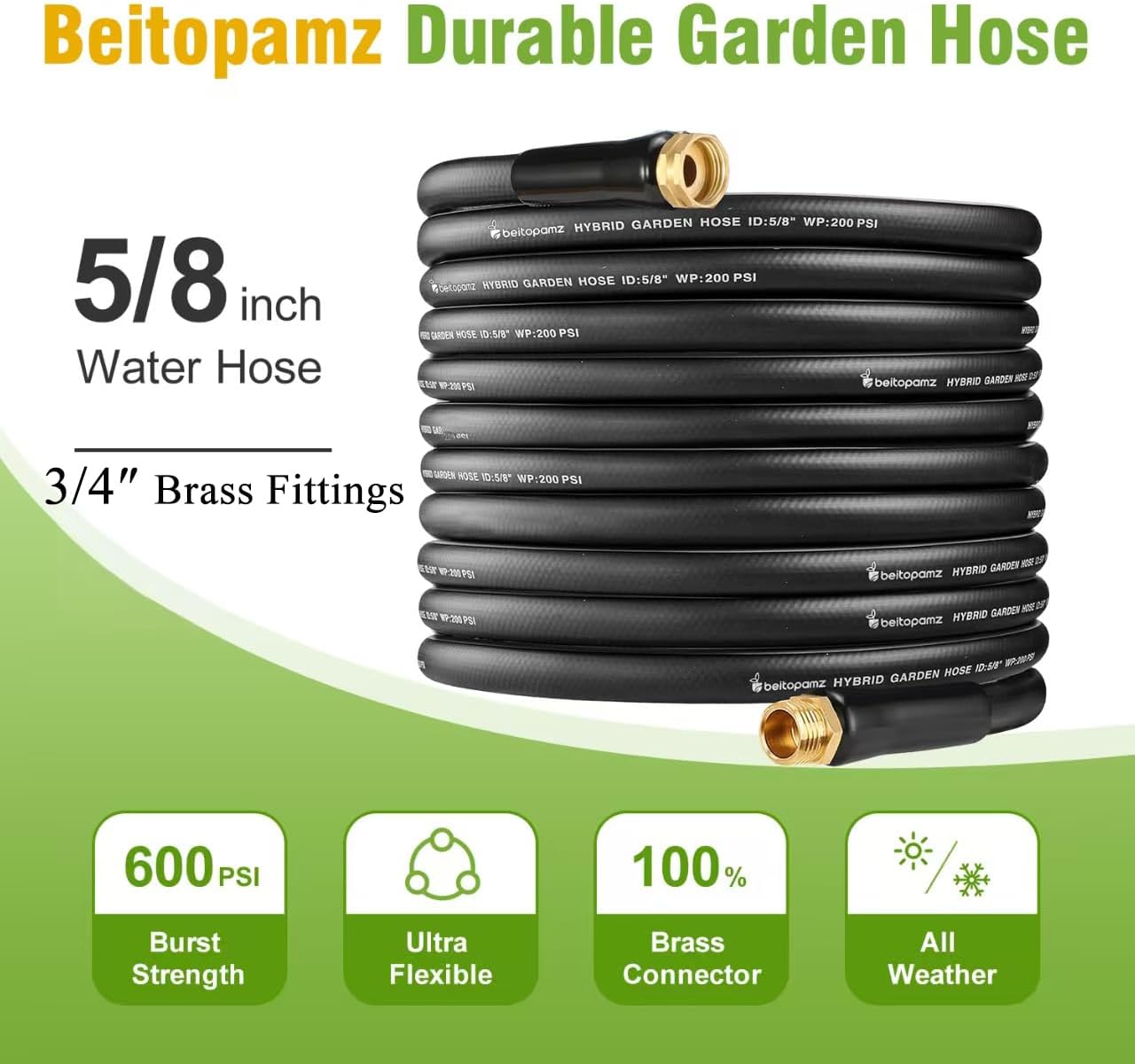 Beitopamz 150 ft Garden Hose, 5/8 in Heavy Duty Water Hose, Flexible and Durable, Lightweight Rubber Hybrid Hose