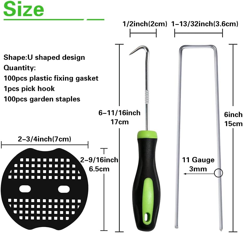 100Pcs Garden Stakes Staples + 100Pcs Gasket, Bakulyor 6 Inch Lawn Landscape Staples 11 Gauge U Shaped Galvanized