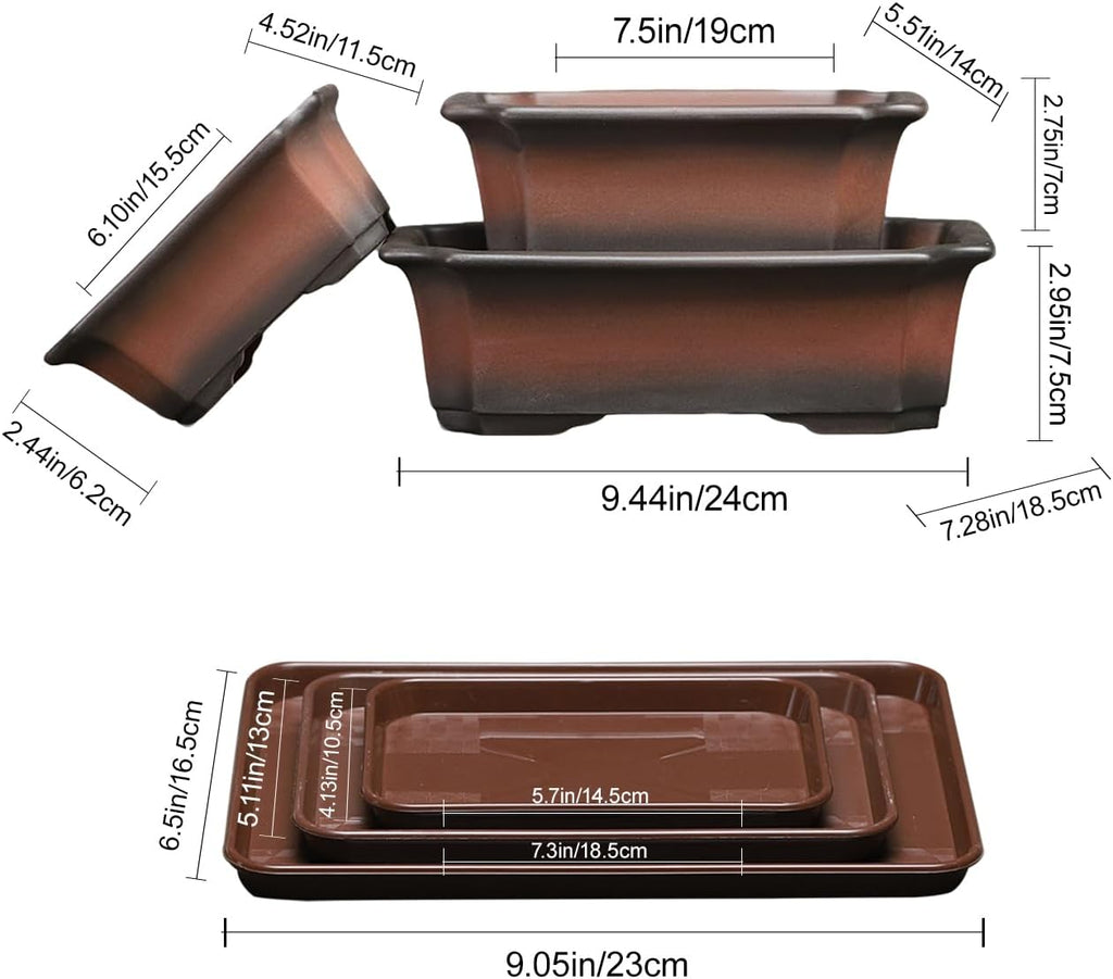 10/8/6 Inch Bonsai Pots with Tray, Set of 3, Classic Brown | Unglazed clay bonsai pot, 10/8/6“ ceramic rectangle