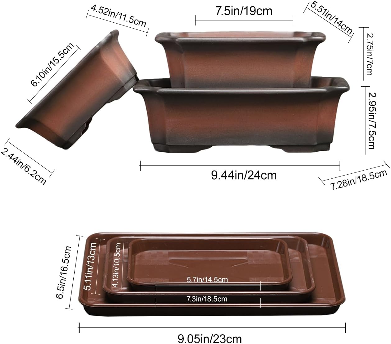 10/8/6 Inch Bonsai Pots with Tray, Set of 3, Classic Brown | Unglazed clay bonsai pot, 10/8/6“ ceramic rectangle