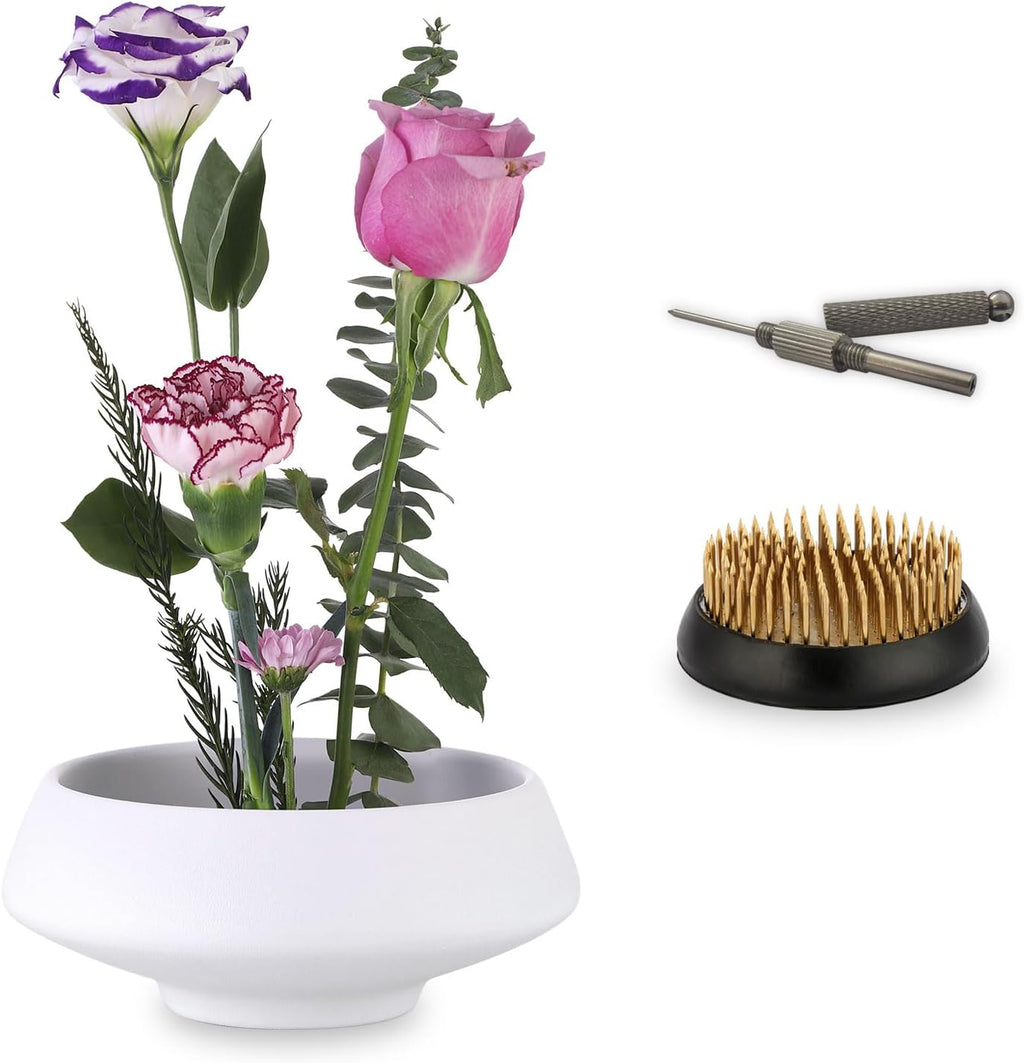 Ikebana Vase with Flower Frog White Ceramic Bowl Vases with Brass Stem Holder & Kenzan Straightener Japanese Floral Art Supplies Decorative Arrangement Pot for Home
