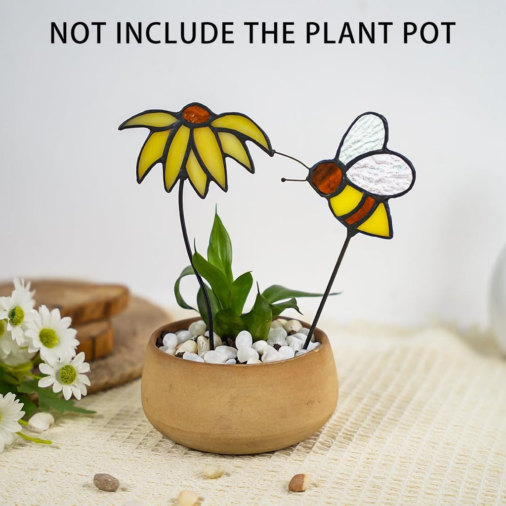 Sun Flower Decor Stained Glass Suncatcher,Bee Decor Stained Glass Plant Stake Insert in Pots Suncatcher,Vase Decor,Sun